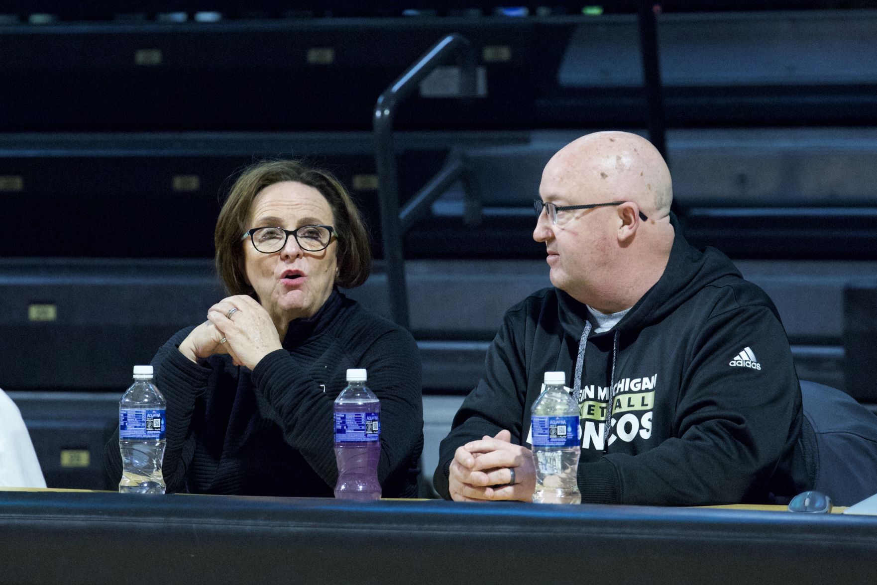 Kathy Beauregard and Steve Hawkins inside University Arena to watch WMU women's basketball's senior day game.